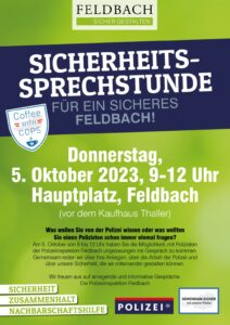 Sicherheitssprechstunde - Für ein sicheres Feldbach, Do., 5. Oktober 2023, Hauptplatz, Feldbach (vor dem Kaufhaus Thaller), 9-12 Uhr
